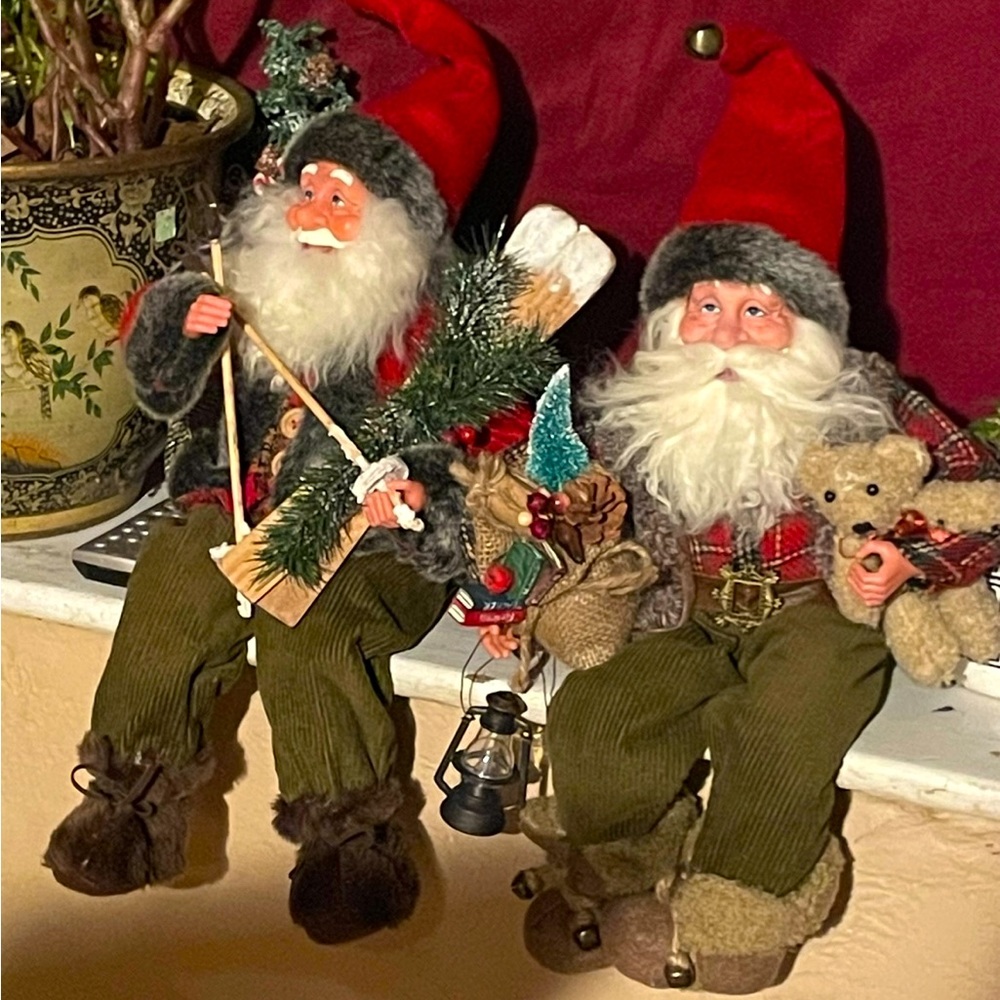 (2) Antique 14” Shelf Santas  Skiing Santa and “Santa bringing toys” “MINT”